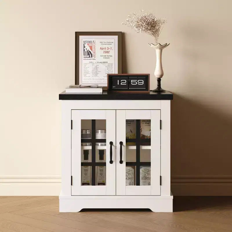 Credenza con Contenitore, Credenza con Ante in Vetro, Presa di Corrente Integrata, Top in Rilievo Nero, per Cucina