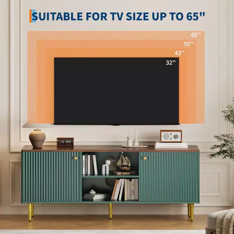 Mobile porta TV da 55 pollici per televisori fino a 65 pollici, mobile TV scanalato con 2 ante e ripiano regolabile, chiusura ammortizzata