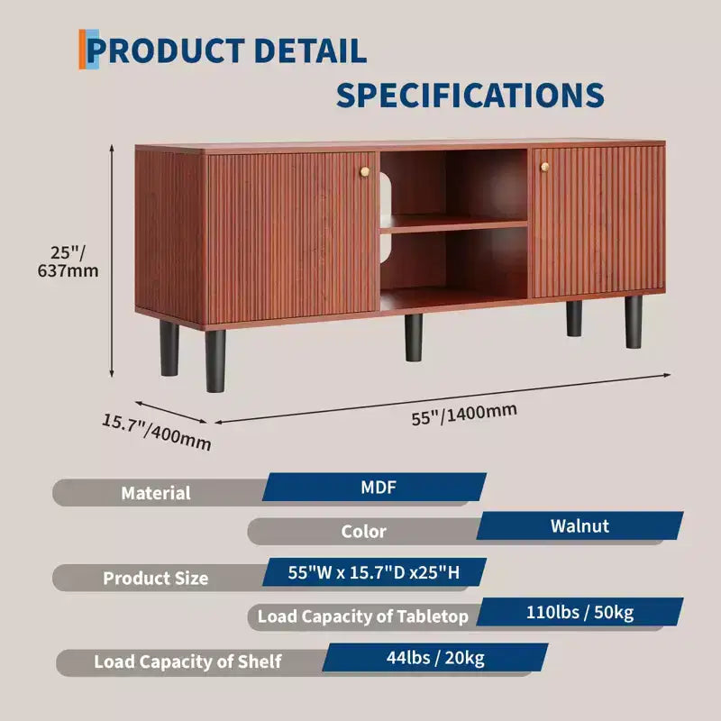 Mobile porta TV da 55 pollici per televisori fino a 65 pollici, mobile TV scanalato con 2 ante e ripiano regolabile, chiusura ammortizzata