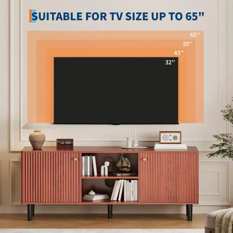 Mobile porta TV da 55 pollici per televisori fino a 65 pollici, mobile TV scanalato con 2 ante e ripiano regolabile, chiusura ammortizzata